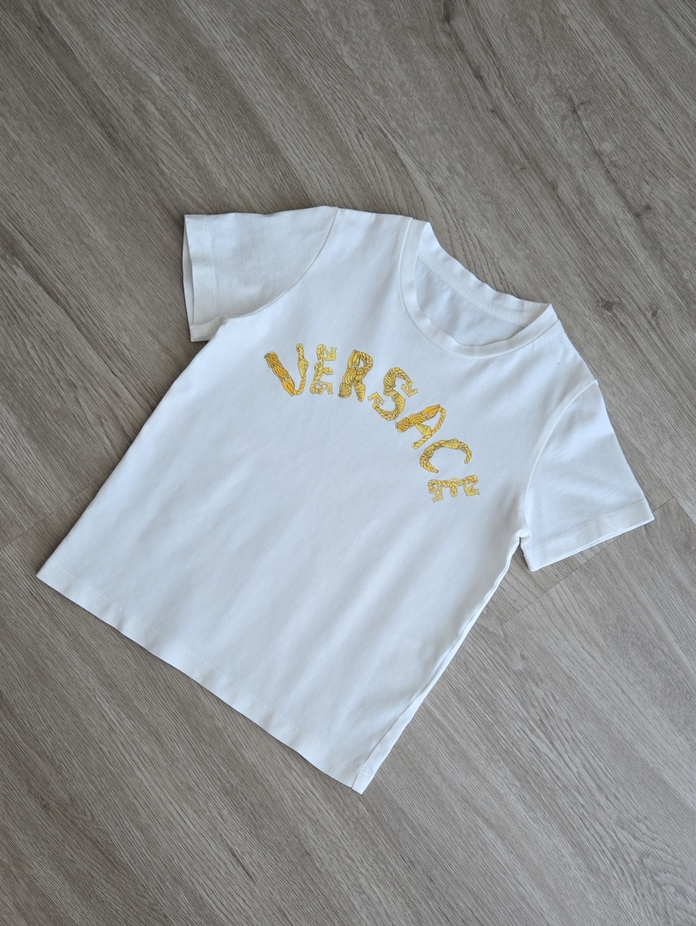 Versace Kids White Tee with Gold Script Logo, Size 4y.o.